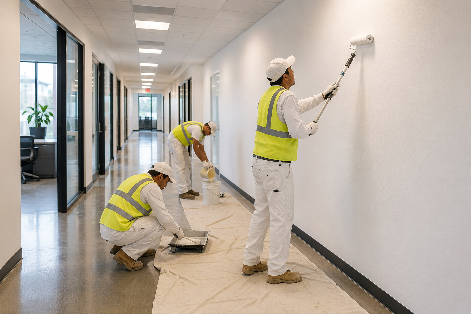 Professional painters applying scuff-resistant paint in a modern commercial office hallway to create