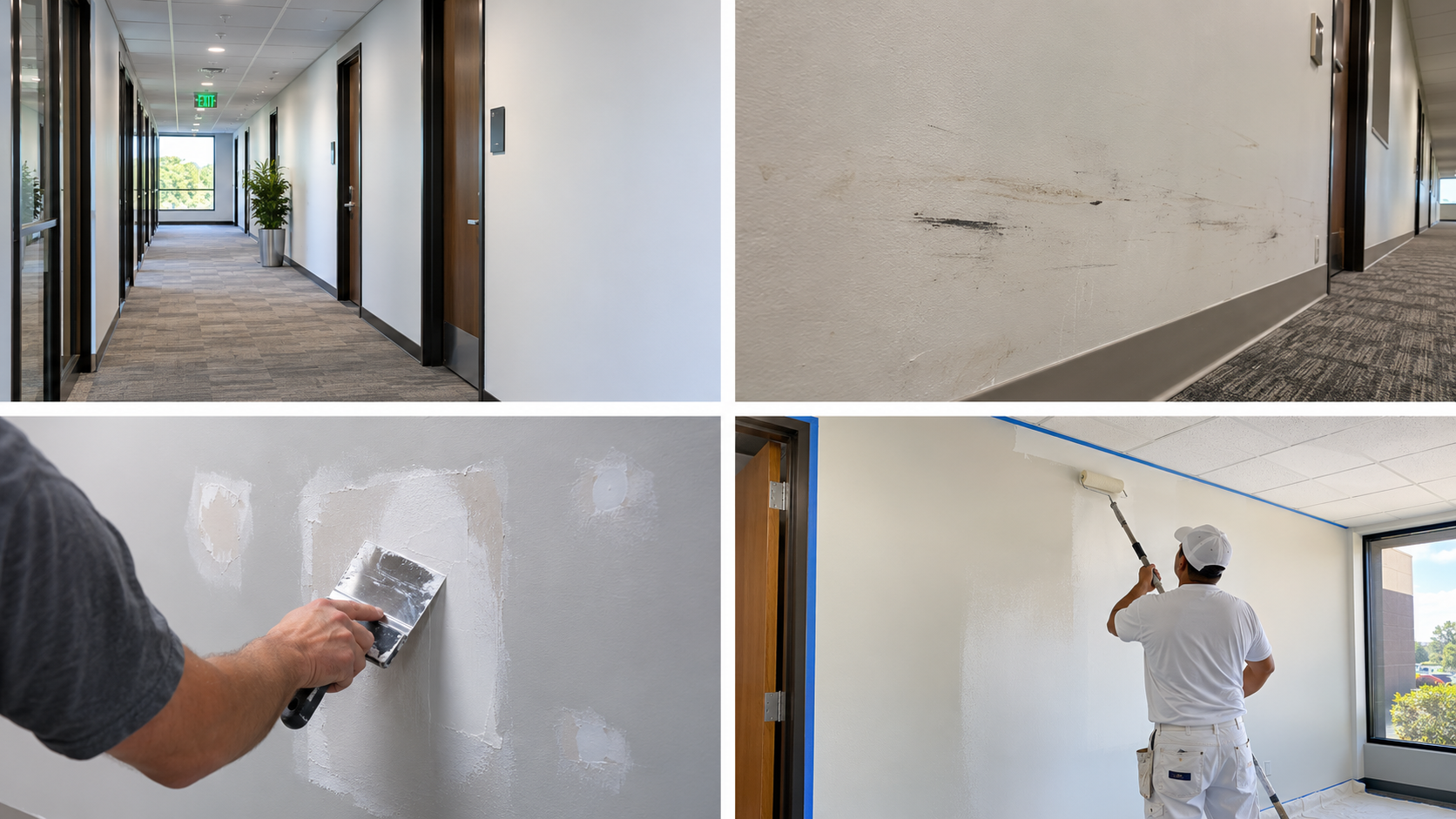 Freshly painted commercial office interior showcasing smooth walls, consistent finishes, and profess