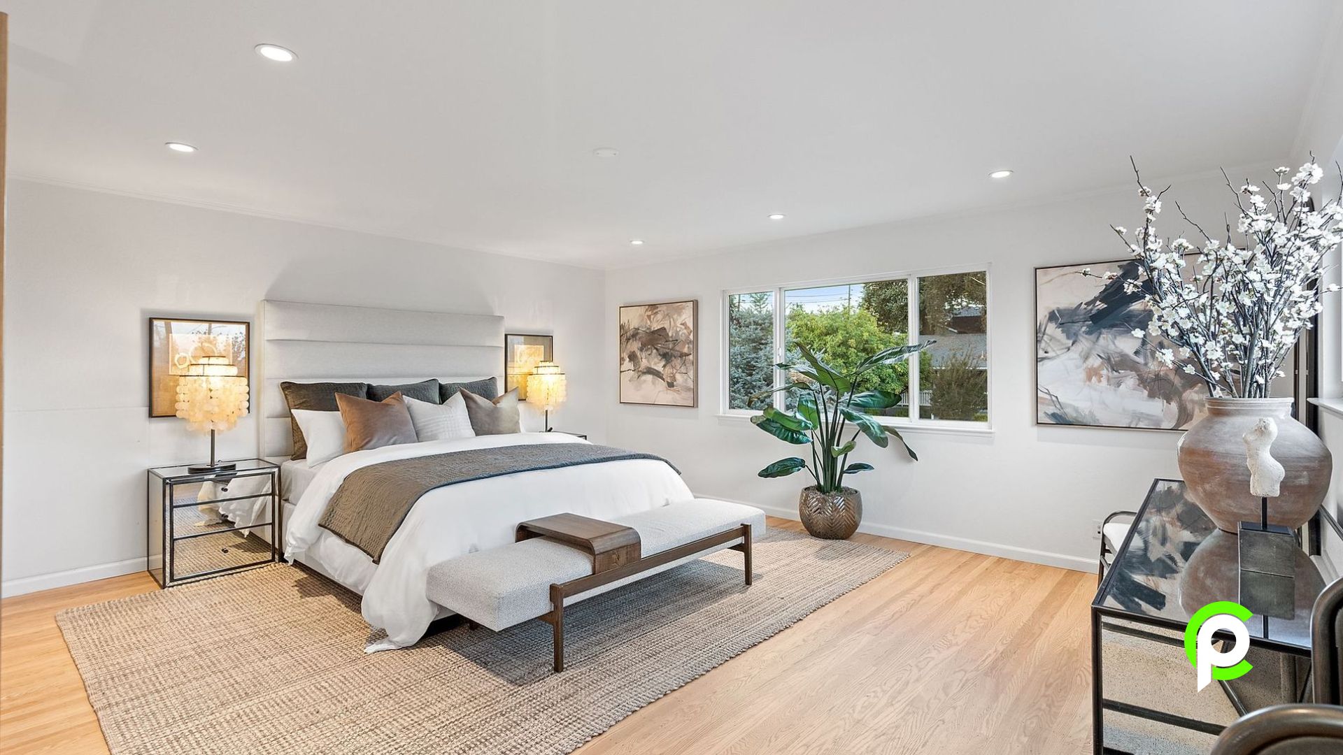 An empty room with a lot of windows and a ceiling fan.