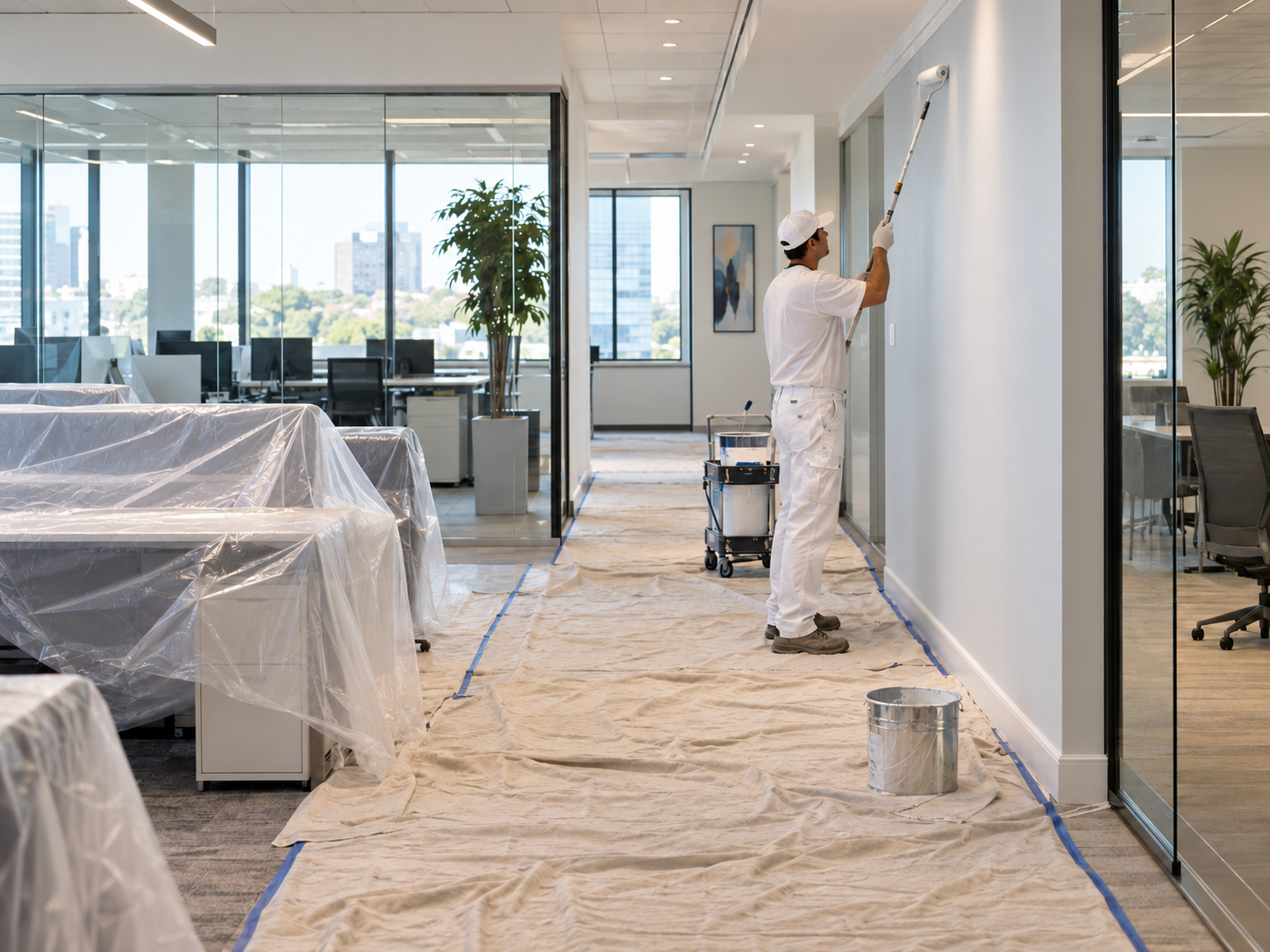 Commercial interior painting with low-VOC paint in an occupied office