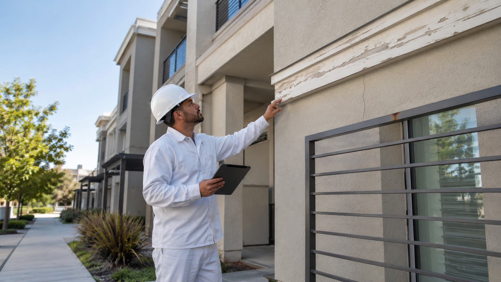 Commercial building inspection showing peeling paint and early signs of wood, metal, and stucco dete