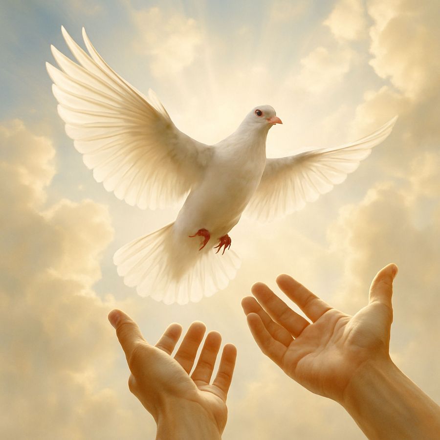 Three white doves flying around an empty hanging birdcage at sunset