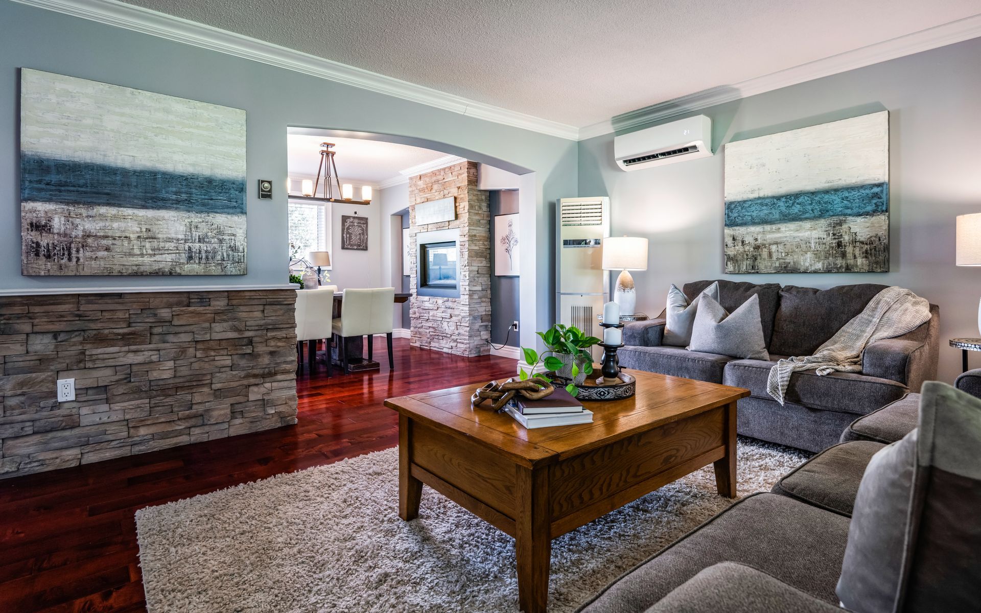 A living room filled with furniture and a coffee table.