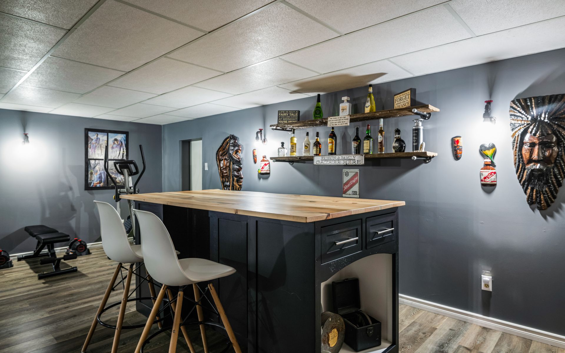 There is a bar in the middle of the room.