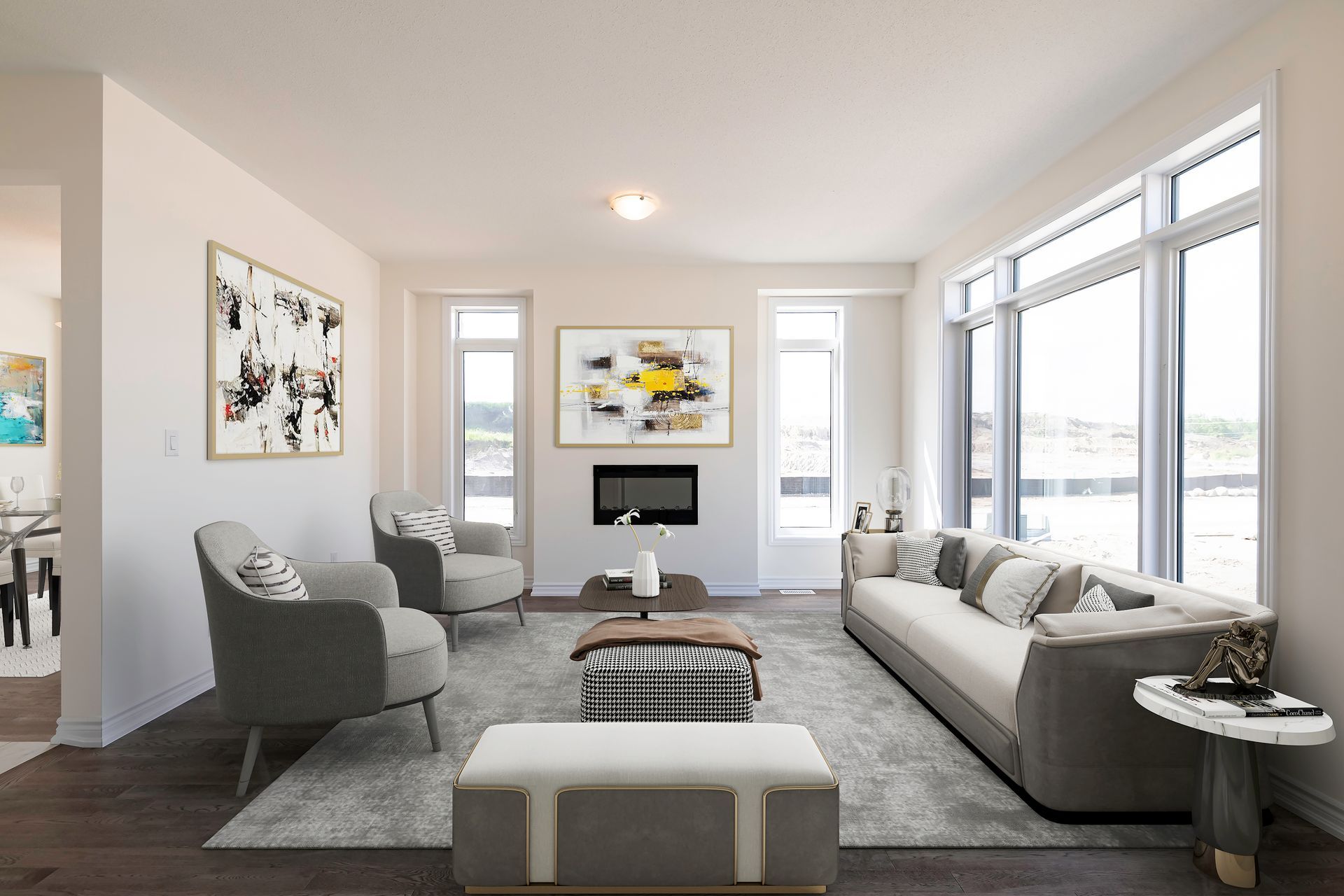 A living room with a couch , chairs , and a fireplace.