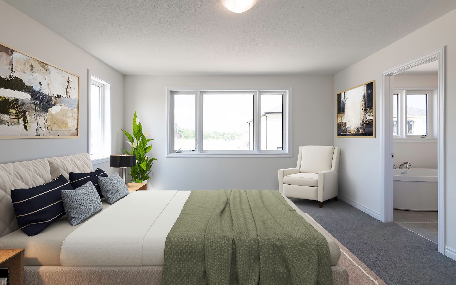 A bedroom with a large bed , chair , and window.