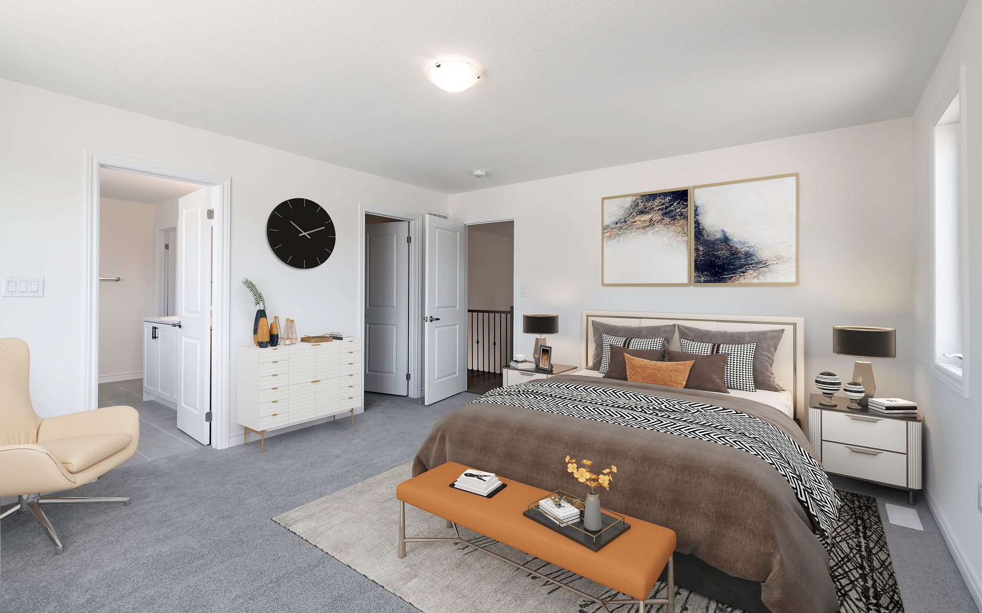 A bedroom with a large bed and a bench