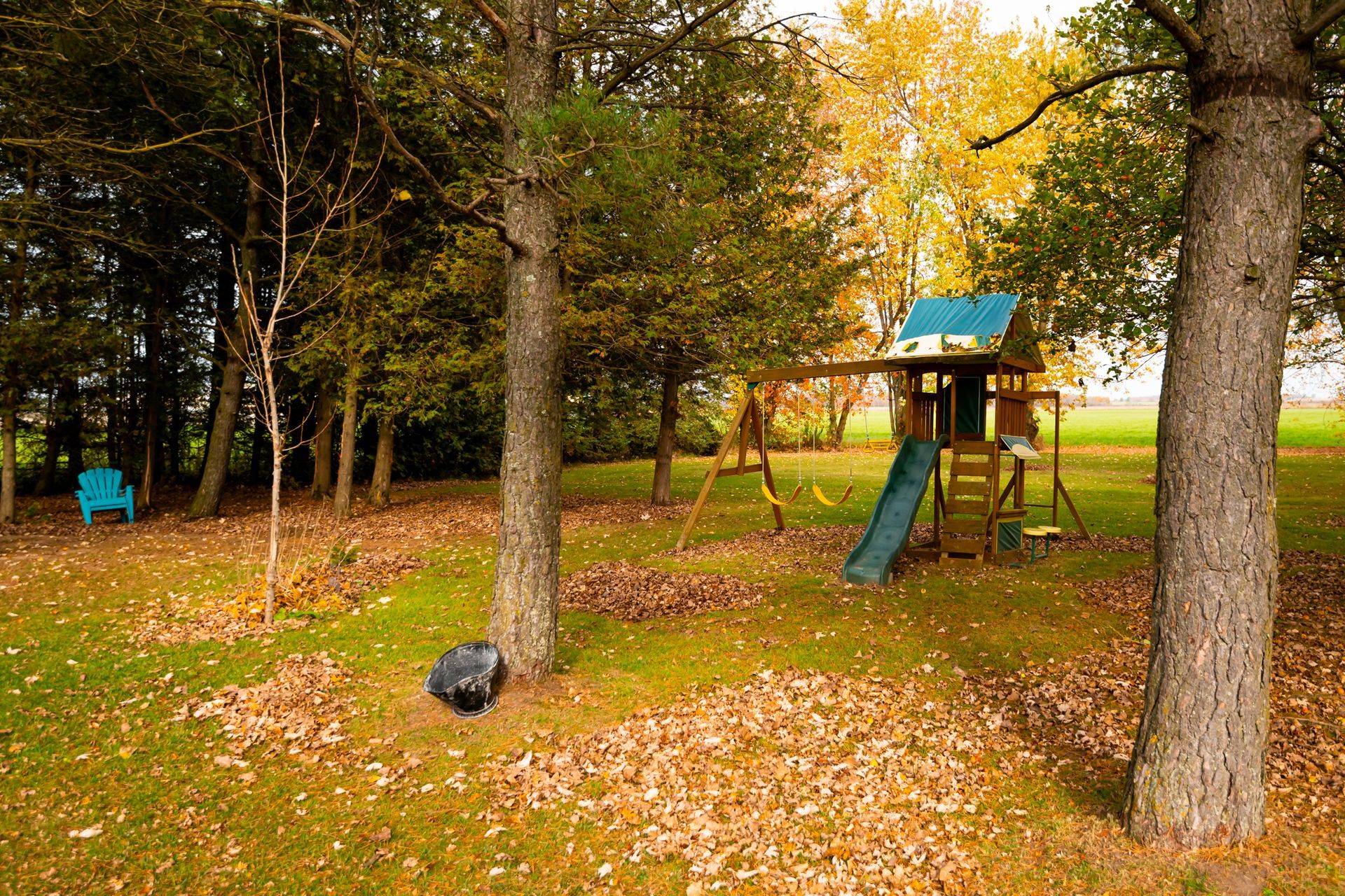 A playground with a slide and swings in a yard surrounded by trees.