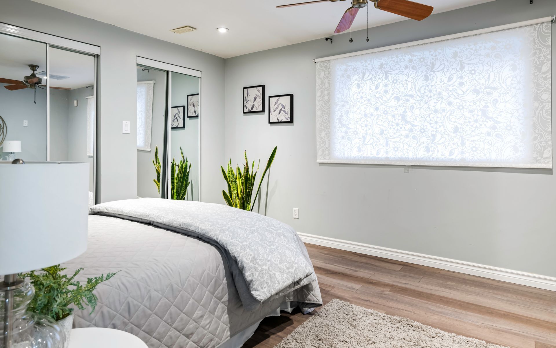 A bedroom with a bed , ceiling fan , mirrors and a window.