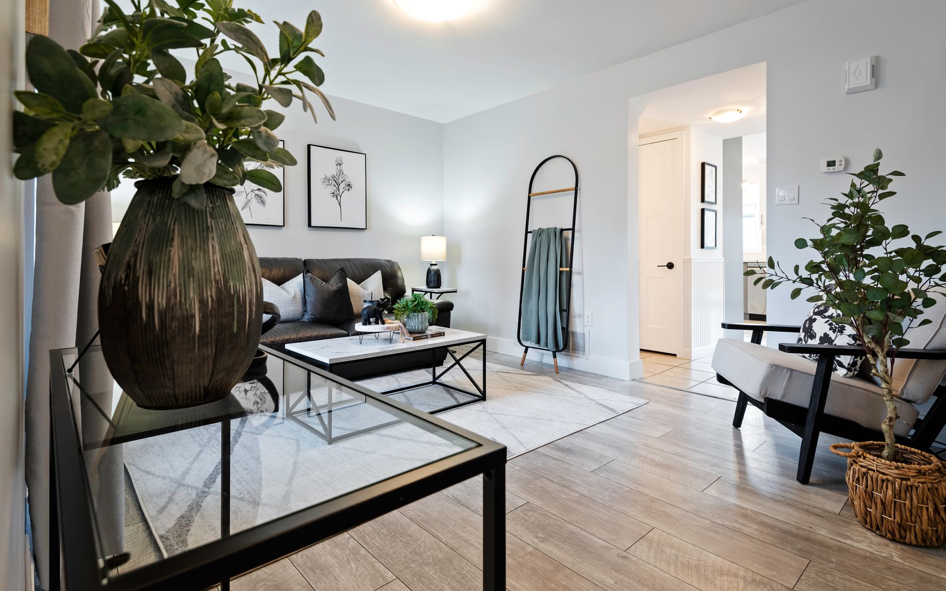 A living room with a couch , chairs , a coffee table and a plant.