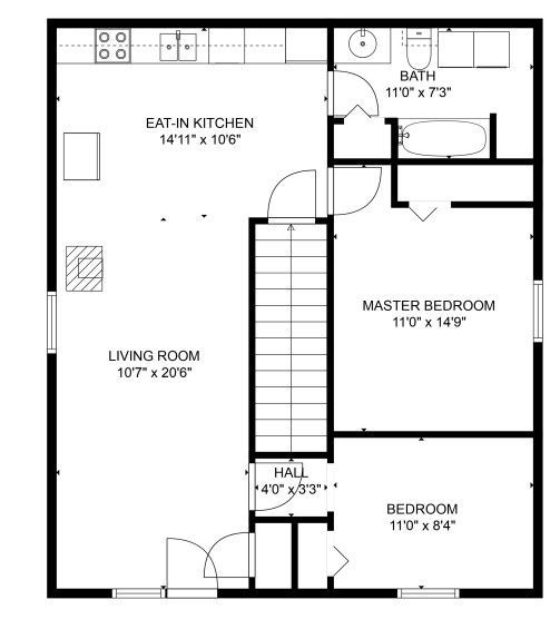 A black and white floor plan of a house with a master bedroom and stairs.