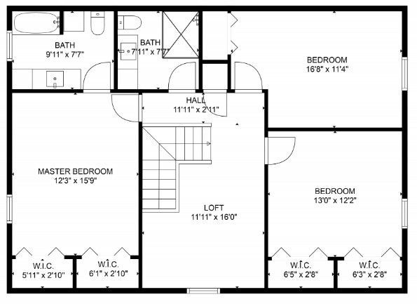 A floor plan of a house with three bedrooms and a loft.