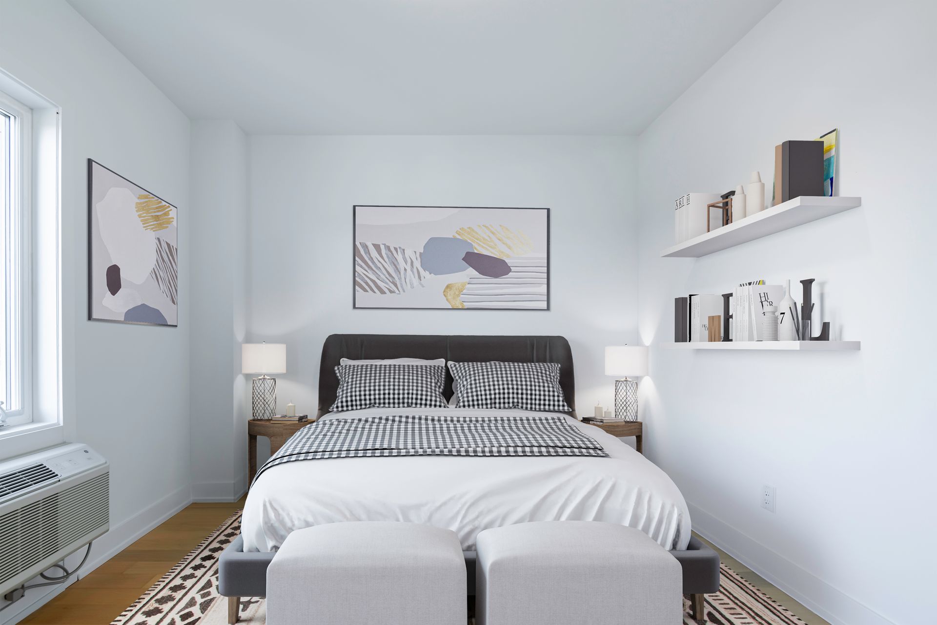 A bedroom with a bed , ottomans , shelves and a window.