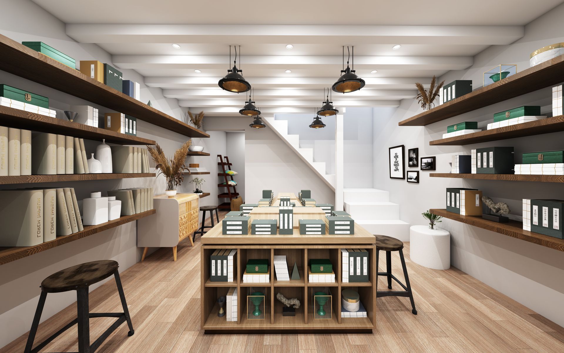 A room with a table and shelves filled with books.