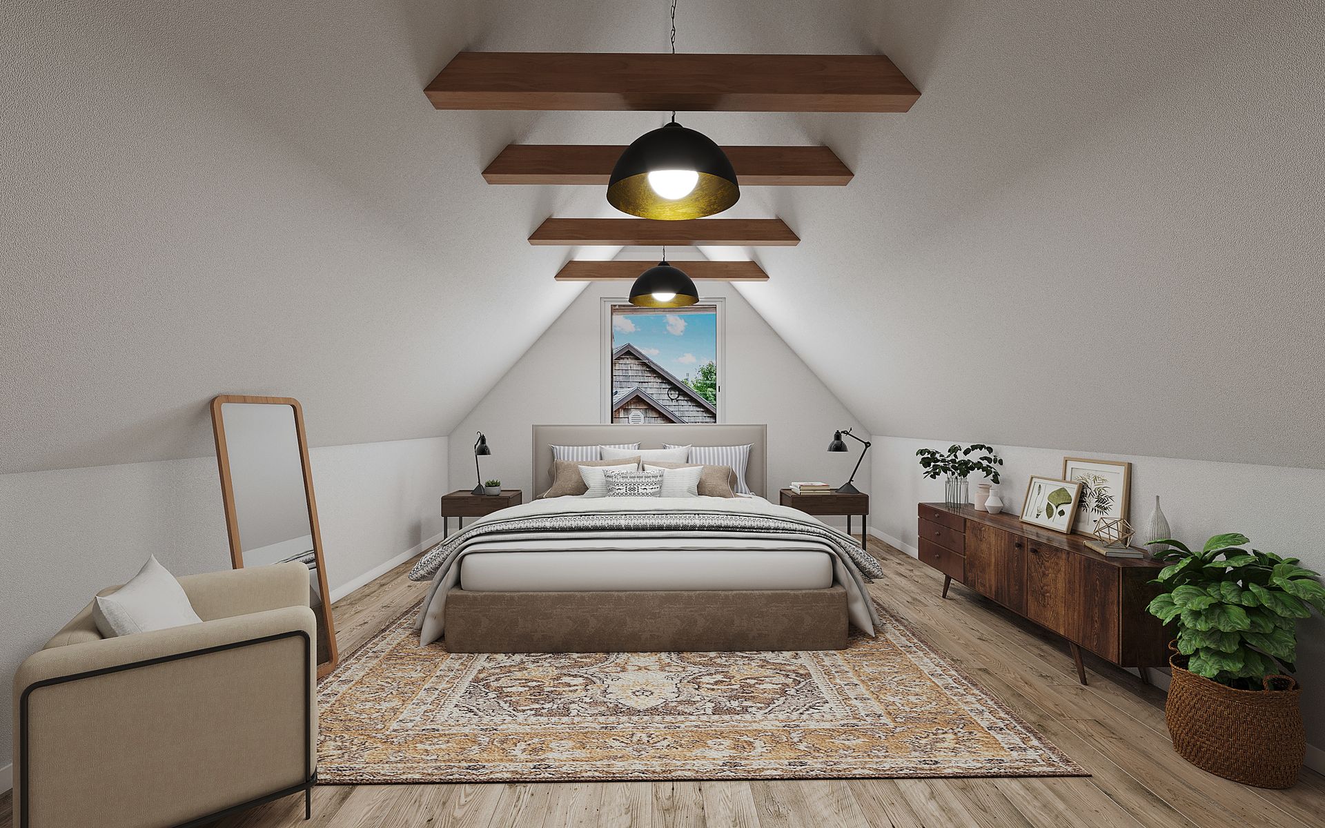 A bedroom in an attic with a bed , chair , dresser and mirror.