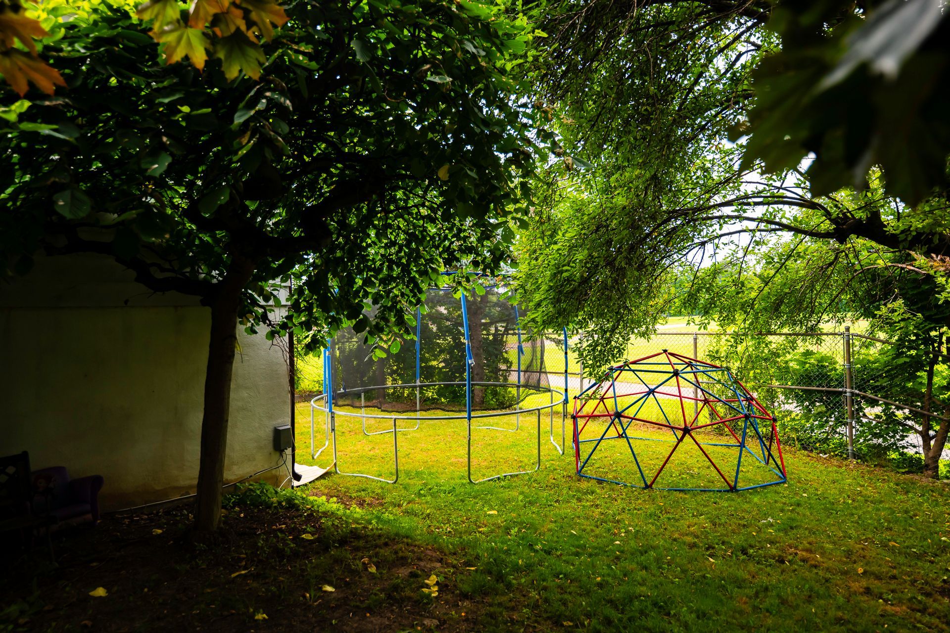 A playground with a climbing dome in the middle of it