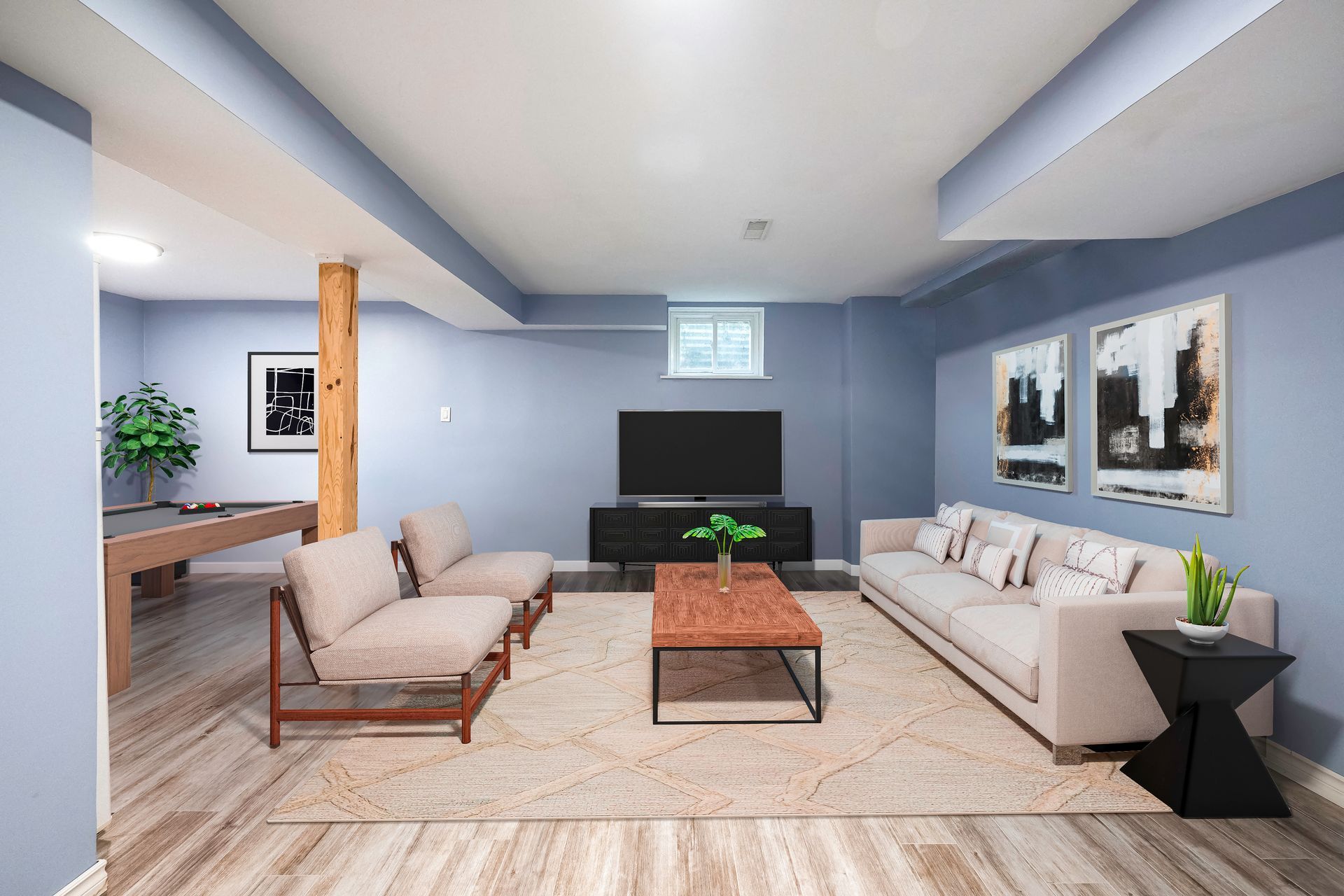 A living room with a couch , chairs , table and television.