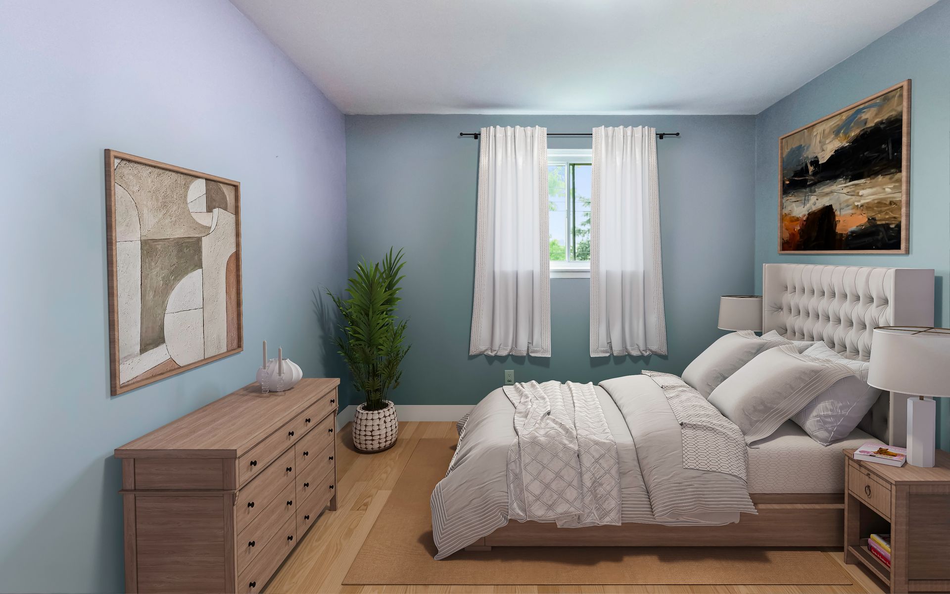 A bedroom with a bed , dresser , nightstand , and window.