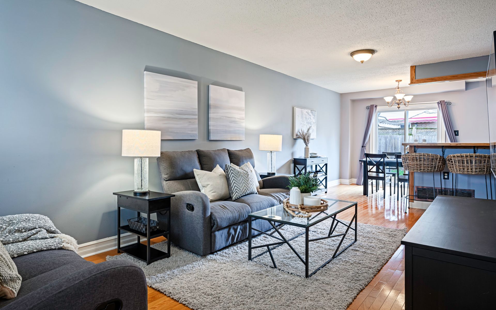 A living room with a couch and a coffee table