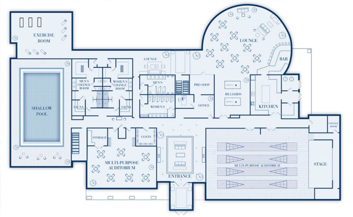 A blueprint of a building with a pool in the middle