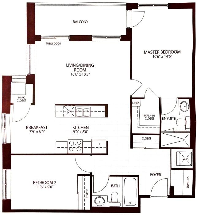 A floor plan of a house with two bedrooms and a balcony.