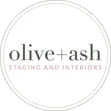 The logo for olive + ash staging and interiors is in a circle.