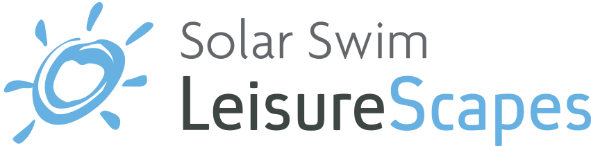 A logo for solar swim leisurescapes with a sun in the middle.