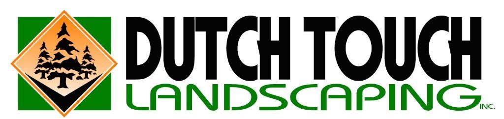 A logo for dutch touch landscaping with a diamond in the middle