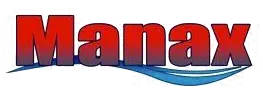 The manax logo is red and blue with a wave in the middle.