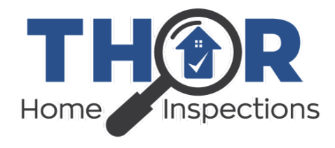 A logo for thor home inspections with a magnifying glass and a house.