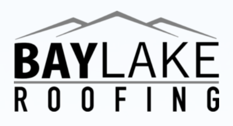 A black and white logo for baylake roofing with a mountain in the background.
