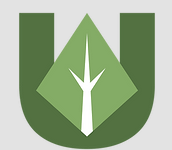 The letter u is surrounded by a green leaf and a tree branch.