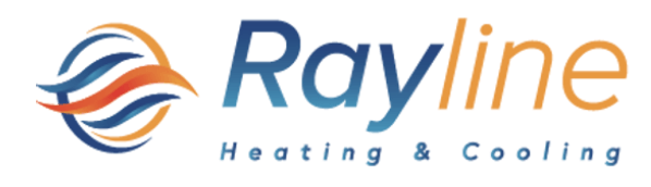 The logo for rayline heating and cooling is blue and orange