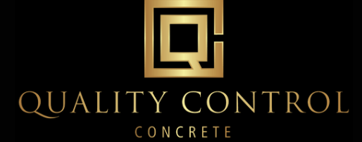 A gold logo for quality control concrete on a black background