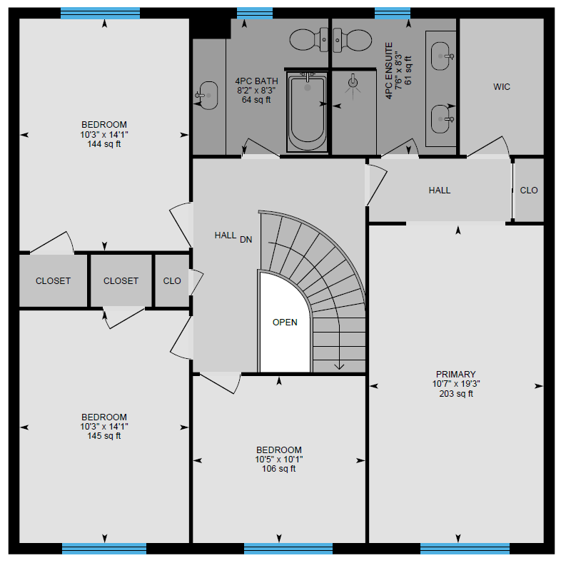 A floor plan of a house with a spiral staircase