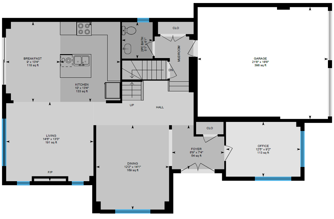 A floor plan of a house with a lot of windows