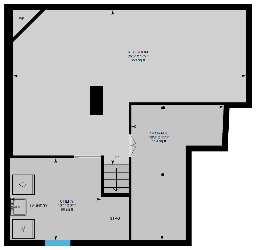A black and white floor plan of a basement
