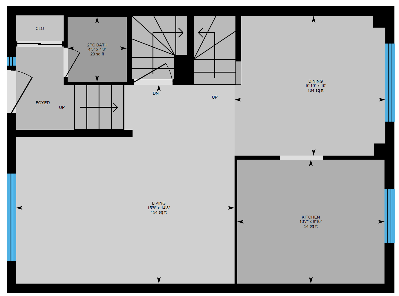 A floor plan of a house with stairs and a balcony