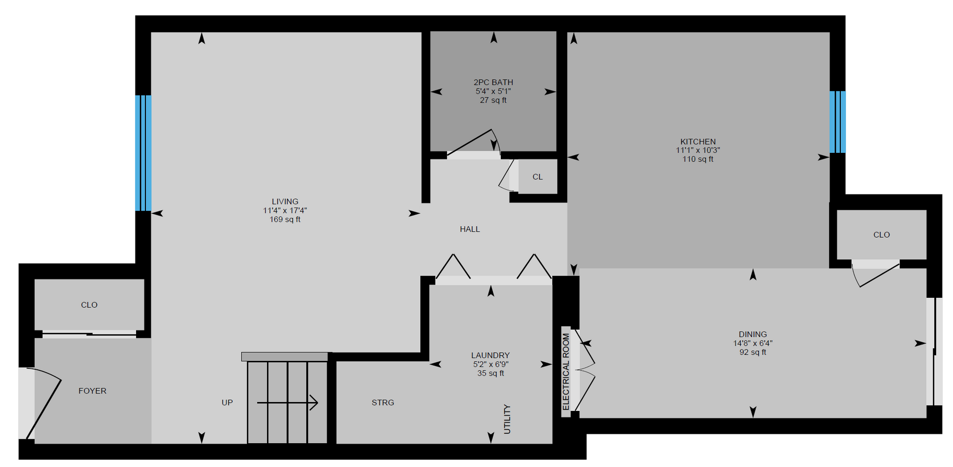 A floor plan of a house with a staircase and a garage.