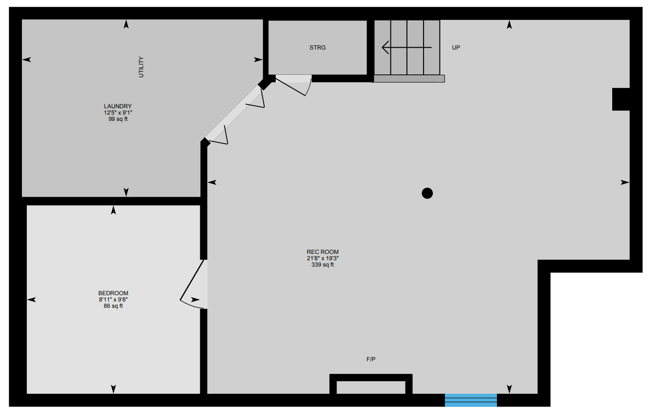 A floor plan of a basement with a staircase