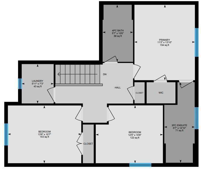 A floor plan of a house showing the bedrooms and bathrooms