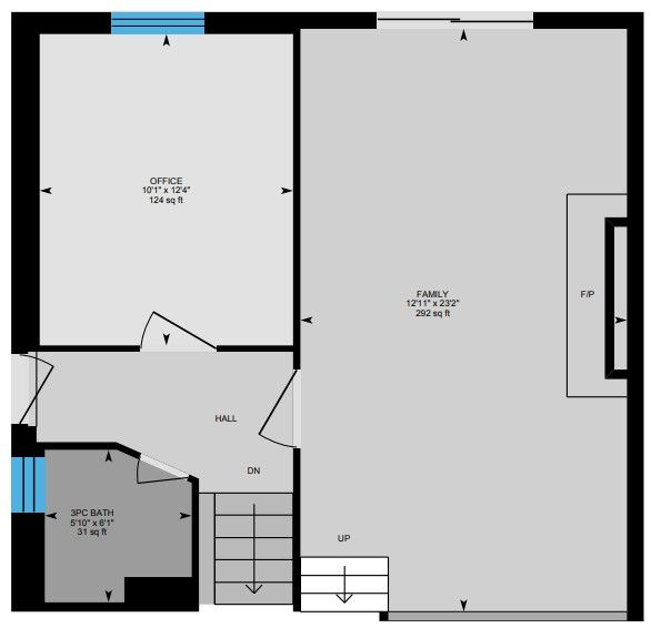 A floor plan of a house with a staircase leading up to the second floor.