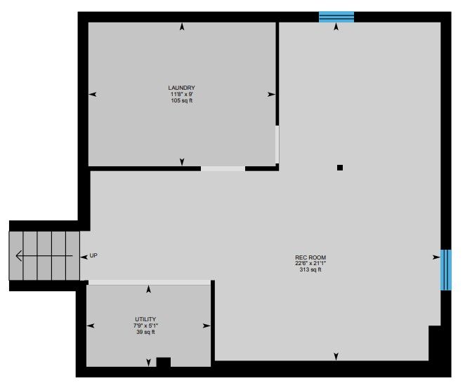 A floor plan of a basement with a laundry room and stairs