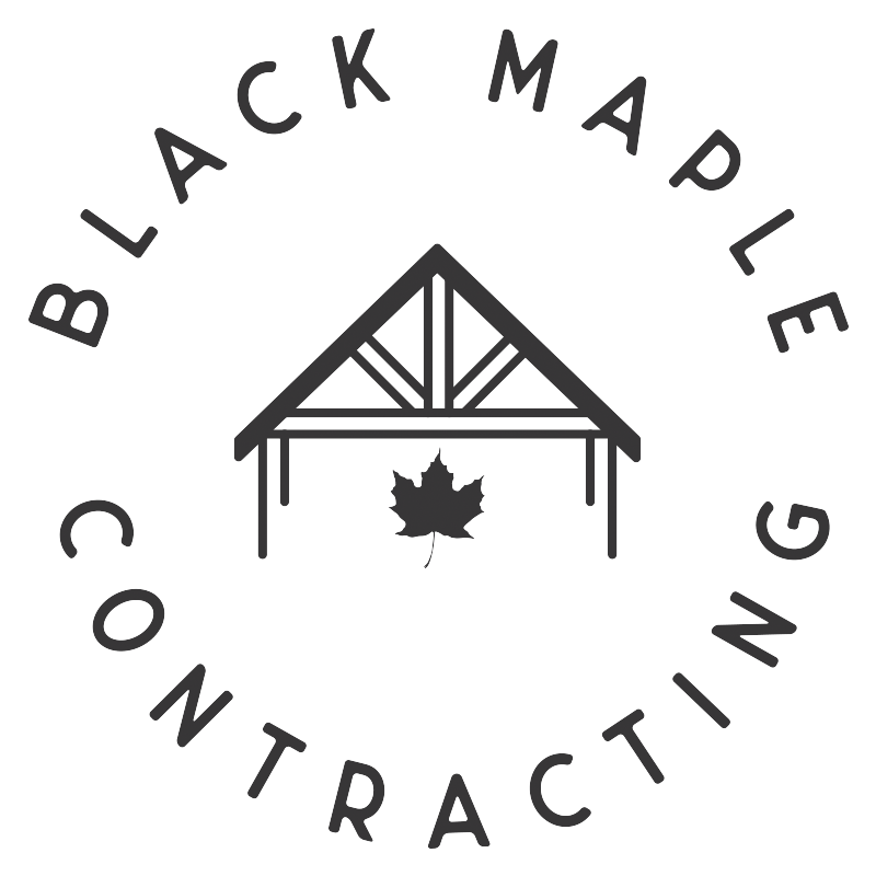 The logo for black maple contracting shows a house with a maple leaf on the roof.