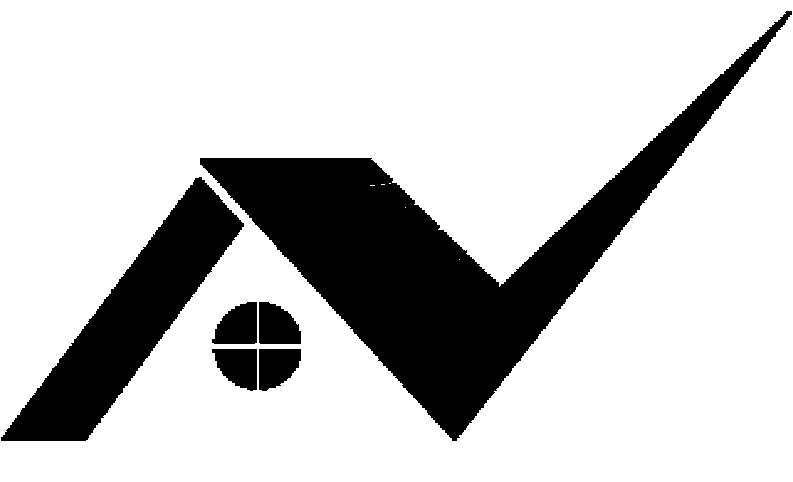A black and white logo of a house with a check mark and a window.