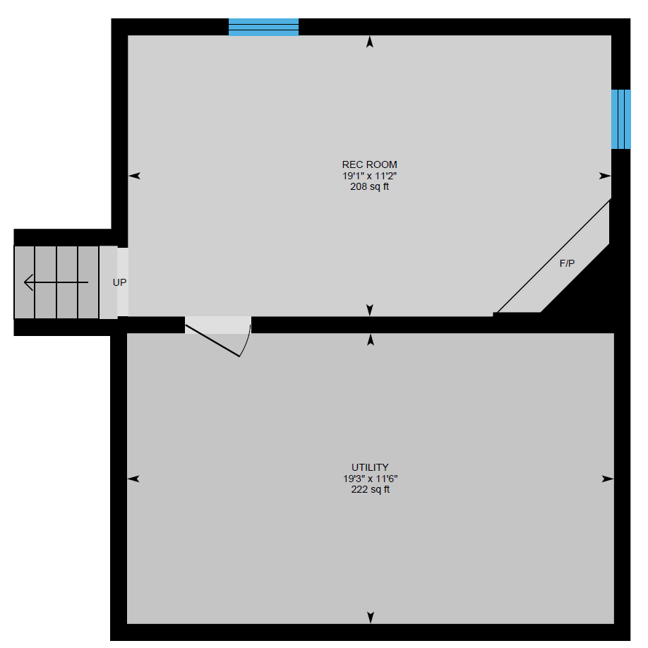 A floor plan of a basement with a staircase and a door.