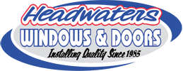 A logo for headwaters windows and doors installing quality since 1985