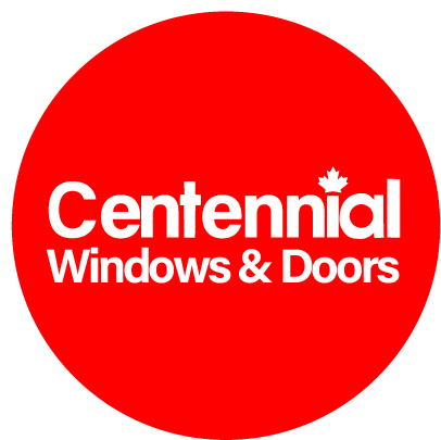 A centennial windows and doors logo in a red circle