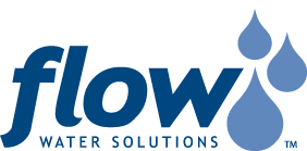 A logo for flow water solutions with a drop of water