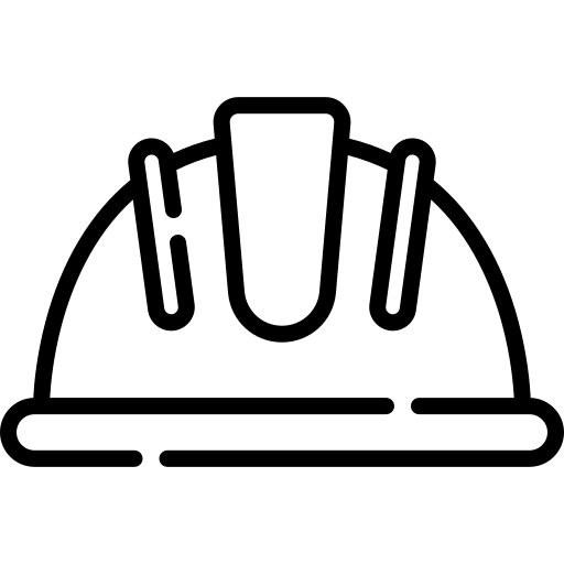 A black and white icon of a hard hat on a white background.